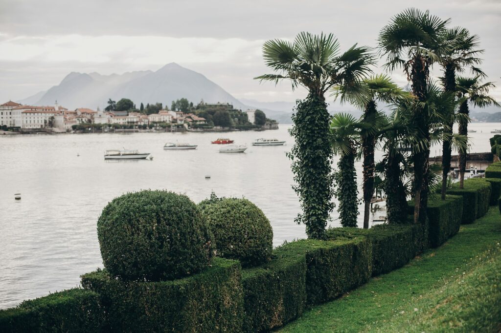 Beautiful green trees, palm, garden on shore of Lago Maggiore in Stresa city, Italy