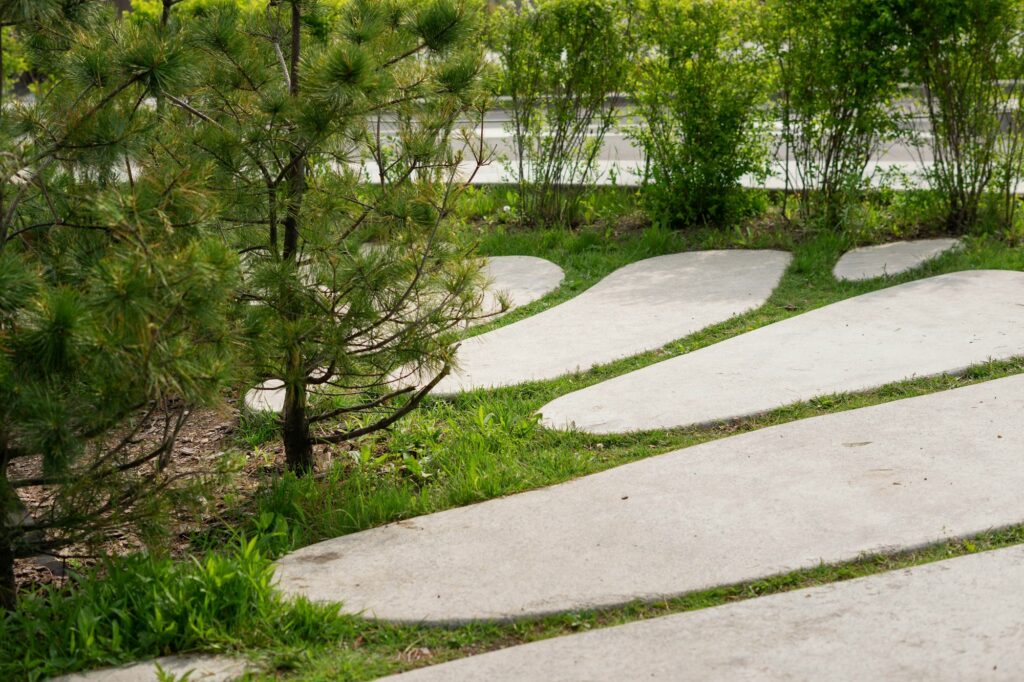 Park path made of concrete imitation cobblestones.